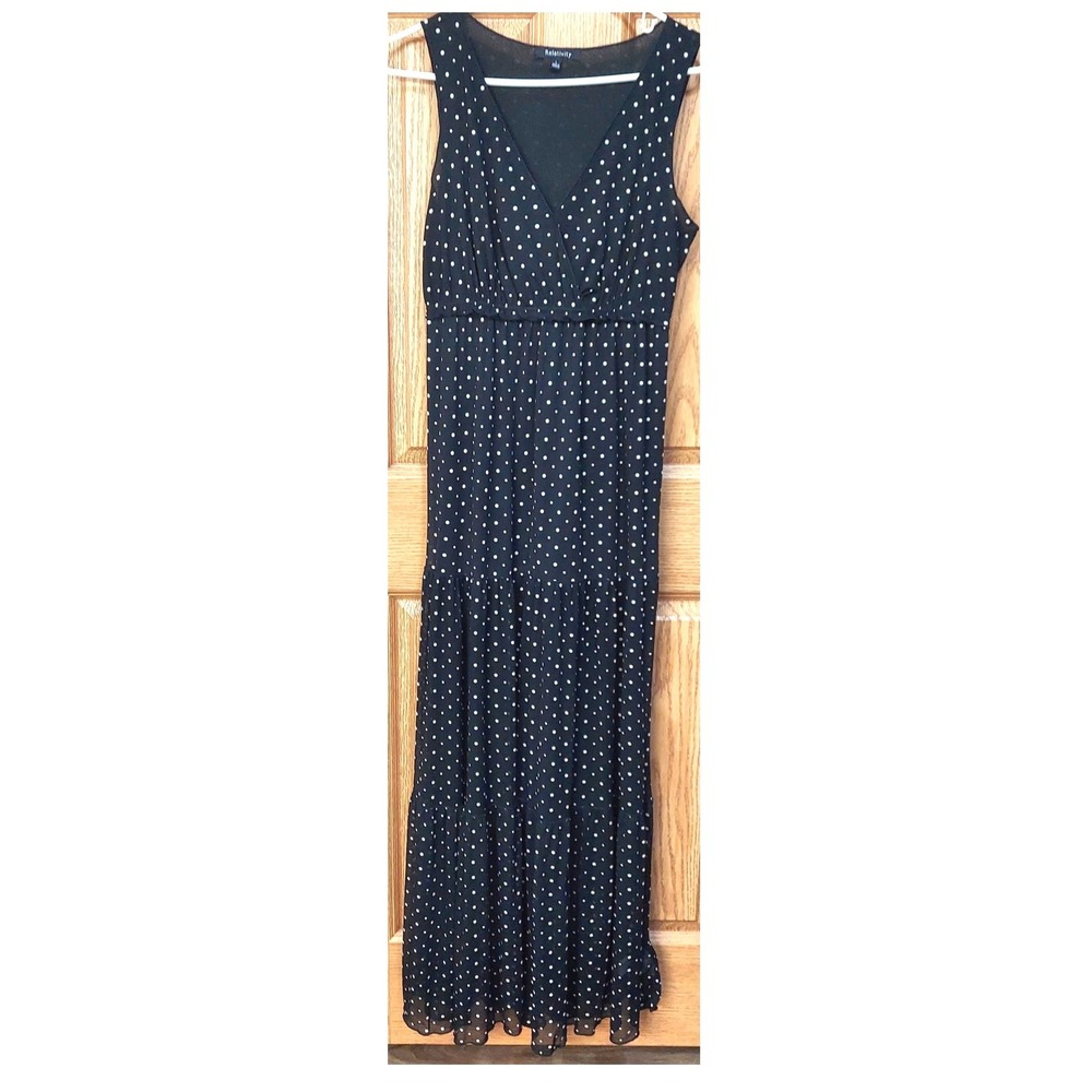 Relativity Black White Polka Dot Maxi Dress Sleeveless Tiered V-Neck Large